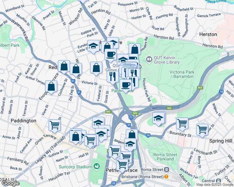 map of restaurants, bars, coffee shops, grocery stores, and more near 92 Kelvin Grove Road in Kelvin Grove