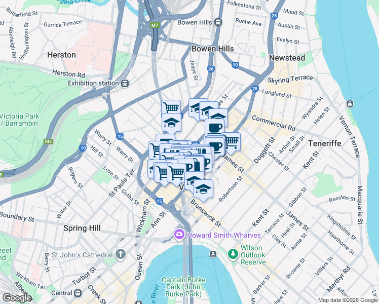 map of restaurants, bars, coffee shops, grocery stores, and more near Wickham Street in Fortitude Valley