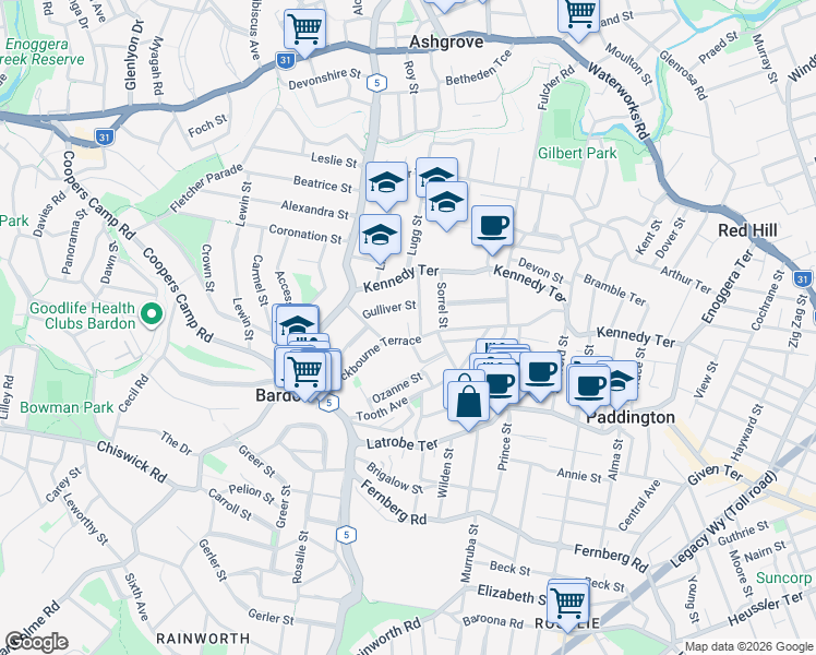 map of restaurants, bars, coffee shops, grocery stores, and more near 83 Rockbourne Terrace in Paddington