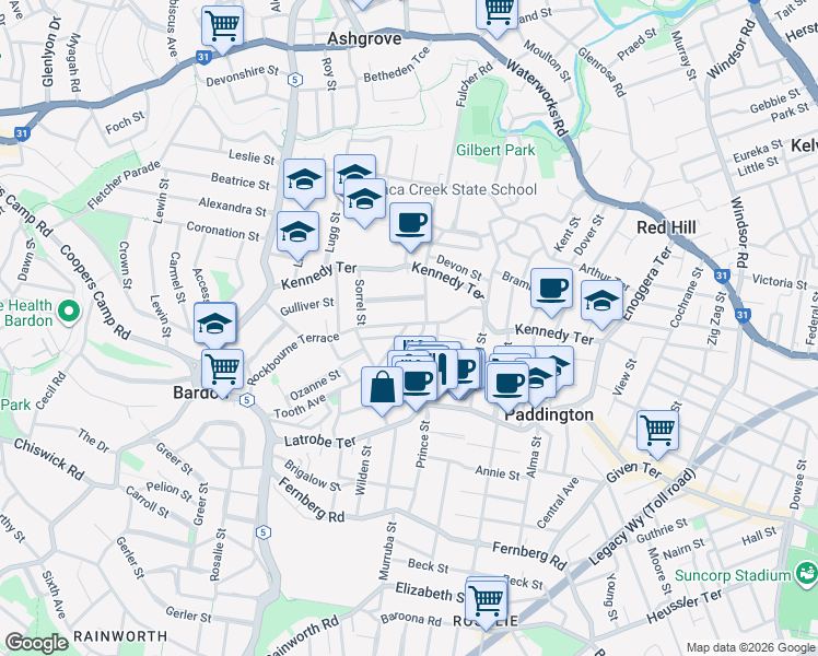 map of restaurants, bars, coffee shops, grocery stores, and more near 38 Rockbourne Terrace in Paddington