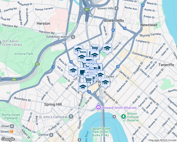 map of restaurants, bars, coffee shops, grocery stores, and more near 97 Alfred Street in Fortitude Valley
