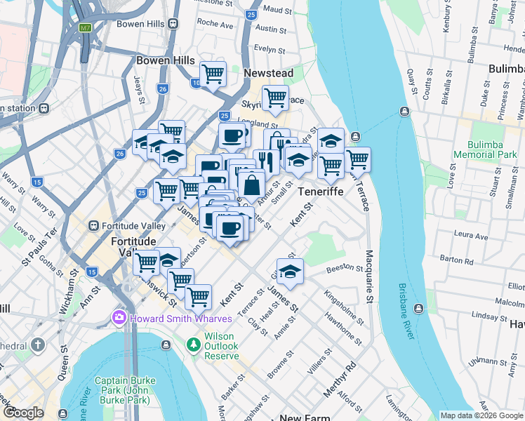 map of restaurants, bars, coffee shops, grocery stores, and more near 207 Arthur Street in Newstead