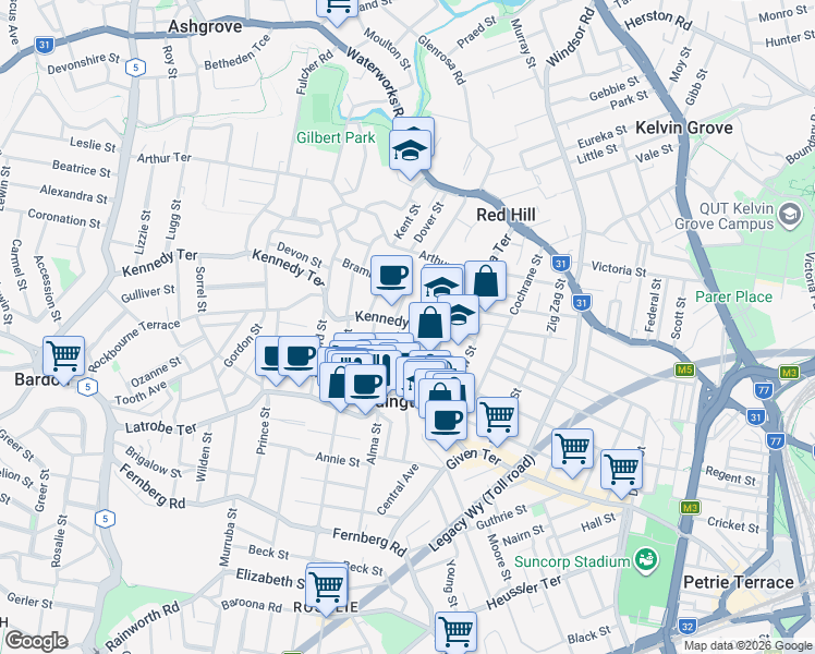 map of restaurants, bars, coffee shops, grocery stores, and more near 22 Kennedy Terrace in Paddington