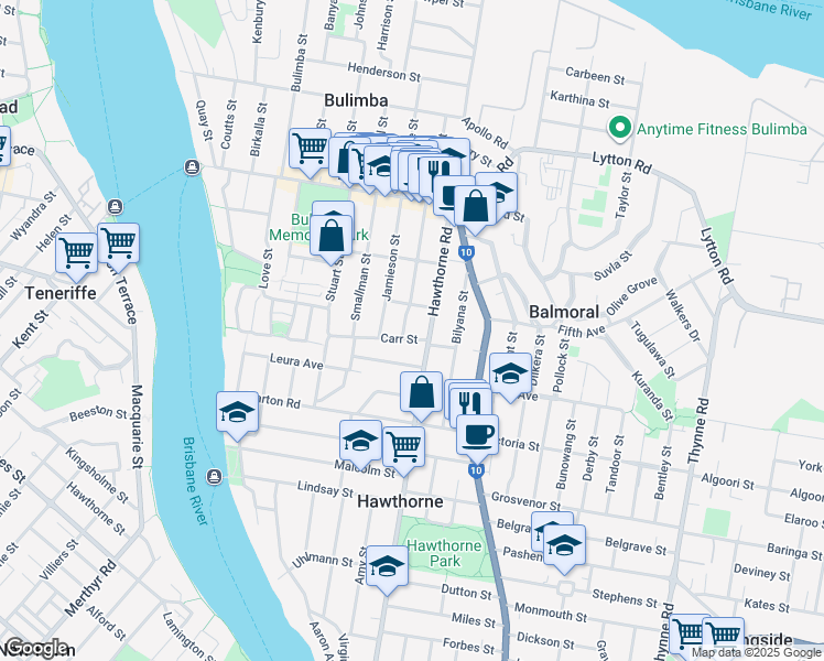 map of restaurants, bars, coffee shops, grocery stores, and more near 15 Carr Street in Bulimba