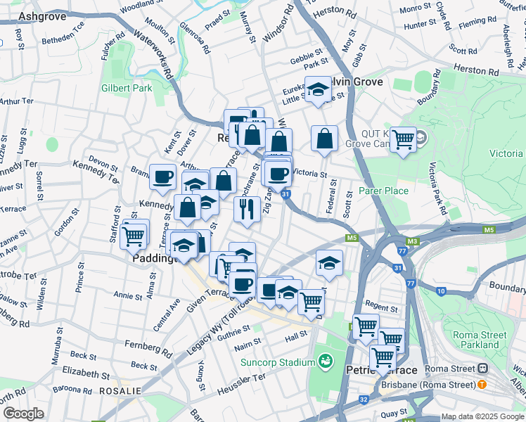map of restaurants, bars, coffee shops, grocery stores, and more near 43 Zig Zag Street in Red Hill