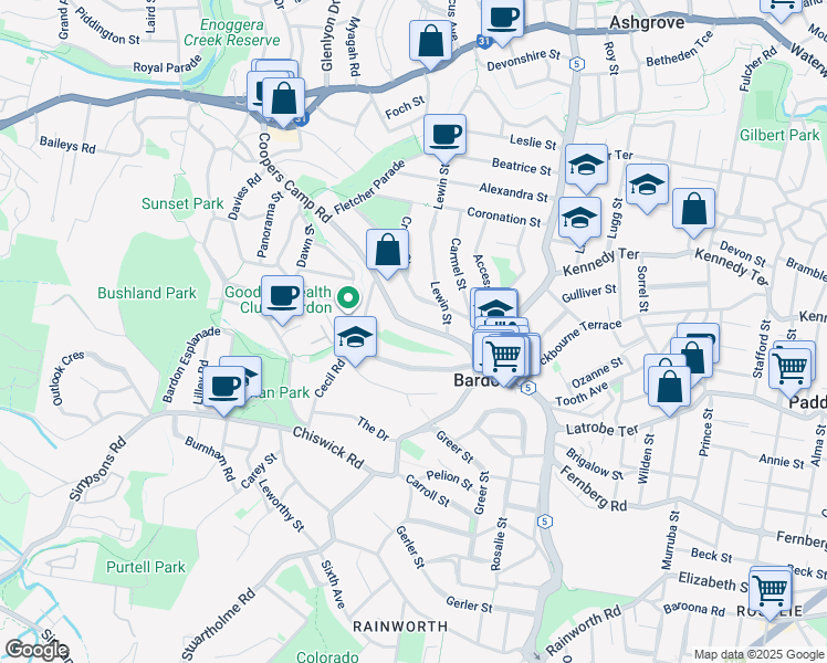 map of restaurants, bars, coffee shops, grocery stores, and more near 58 Coopers Camp Road in Bardon