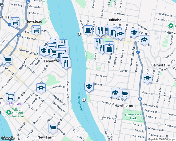 map of restaurants, bars, coffee shops, grocery stores, and more near 51 Waterline Crescent in Bulimba
