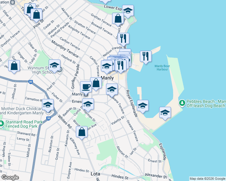 map of restaurants, bars, coffee shops, grocery stores, and more near 15 Wellington Street in Manly