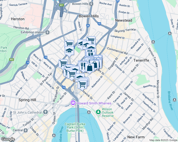 map of restaurants, bars, coffee shops, grocery stores, and more near Connor Street in Fortitude Valley