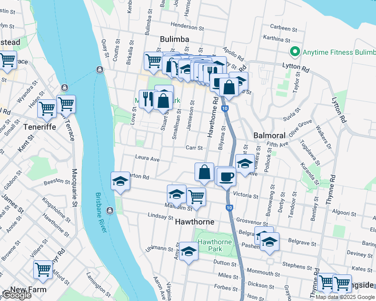 map of restaurants, bars, coffee shops, grocery stores, and more near 30 Carr Street in Bulimba