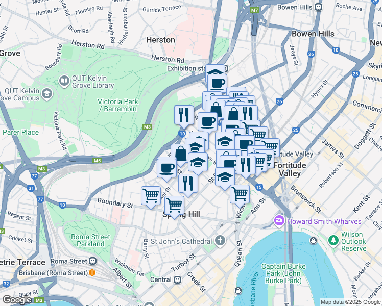 map of restaurants, bars, coffee shops, grocery stores, and more near 20 Kinross Street in Spring Hill