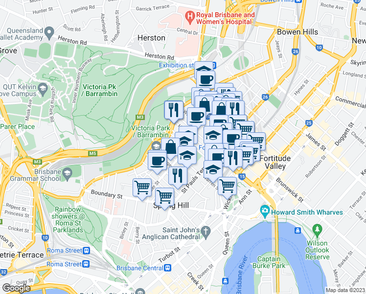 map of restaurants, bars, coffee shops, grocery stores, and more near 16A Kinross Street in Spring Hill