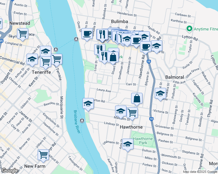 map of restaurants, bars, coffee shops, grocery stores, and more near 7 Ebb Court in Bulimba