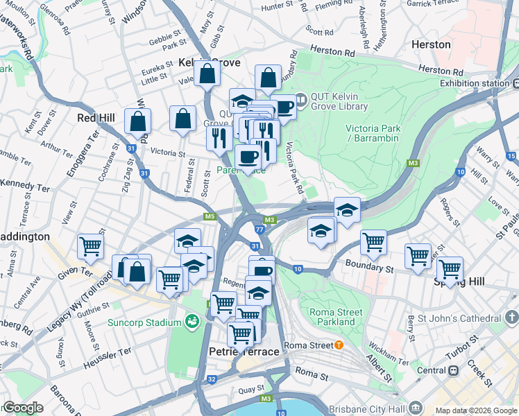 map of restaurants, bars, coffee shops, grocery stores, and more near 8 Normanby Terrace in Kelvin Grove
