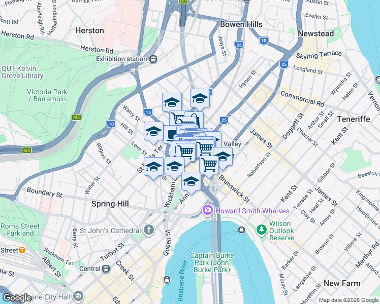 map of restaurants, bars, coffee shops, grocery stores, and more near 257 Brunswick Street in Fortitude Valley