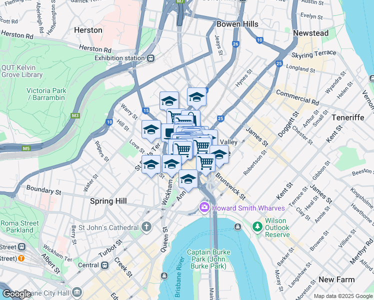 map of restaurants, bars, coffee shops, grocery stores, and more near 257 Brunswick Street in Fortitude Valley