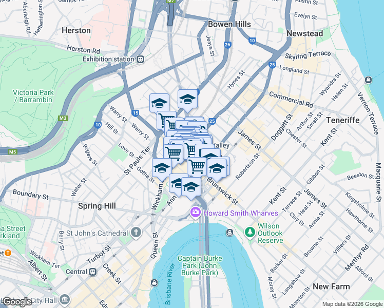 map of restaurants, bars, coffee shops, grocery stores, and more near Wickham Street in Fortitude Valley
