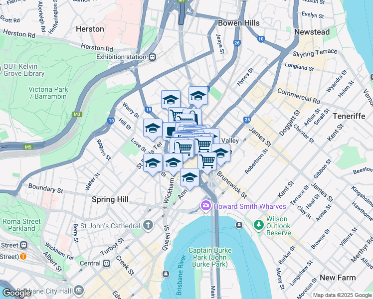 map of restaurants, bars, coffee shops, grocery stores, and more near 247 Brunswick Street in Fortitude Valley