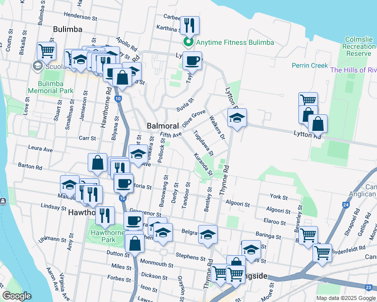 map of restaurants, bars, coffee shops, grocery stores, and more near 25 Kuranda Street in Balmoral