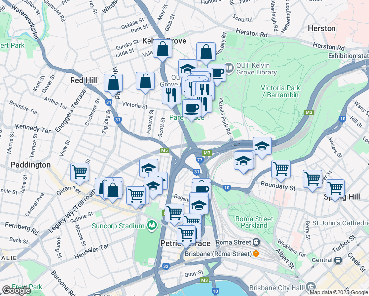 map of restaurants, bars, coffee shops, grocery stores, and more near 23 Lower Clifton Terrace in Red Hill