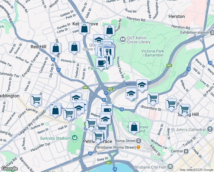 map of restaurants, bars, coffee shops, grocery stores, and more near 9 Normanby Terrace in Kelvin Grove