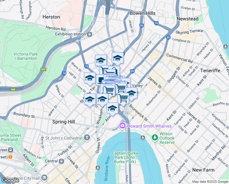 map of restaurants, bars, coffee shops, grocery stores, and more near 247 Brunswick Street in Fortitude Valley