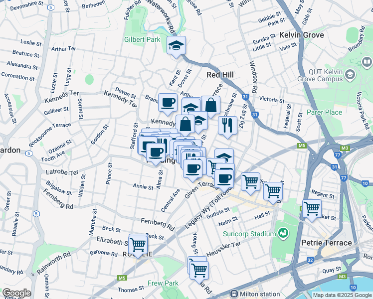 map of restaurants, bars, coffee shops, grocery stores, and more near Enoggera Terrace in Milton