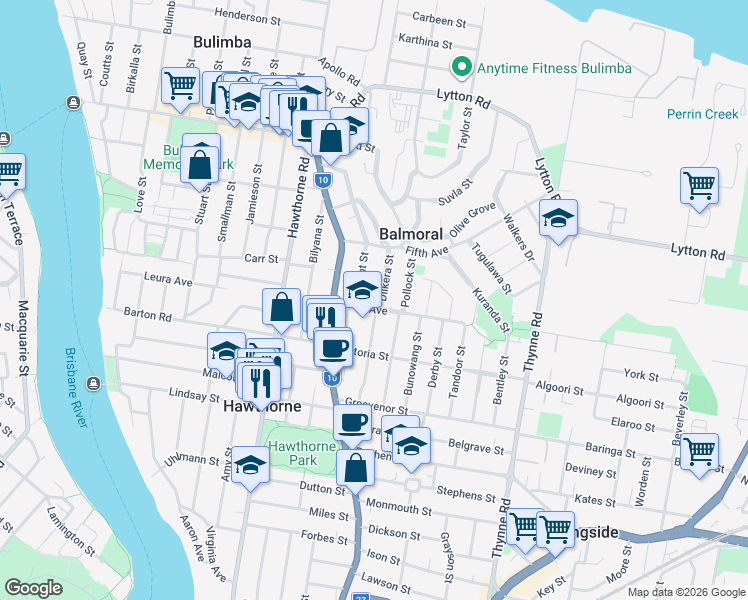 map of restaurants, bars, coffee shops, grocery stores, and more near 6 Dilkera Street in Balmoral