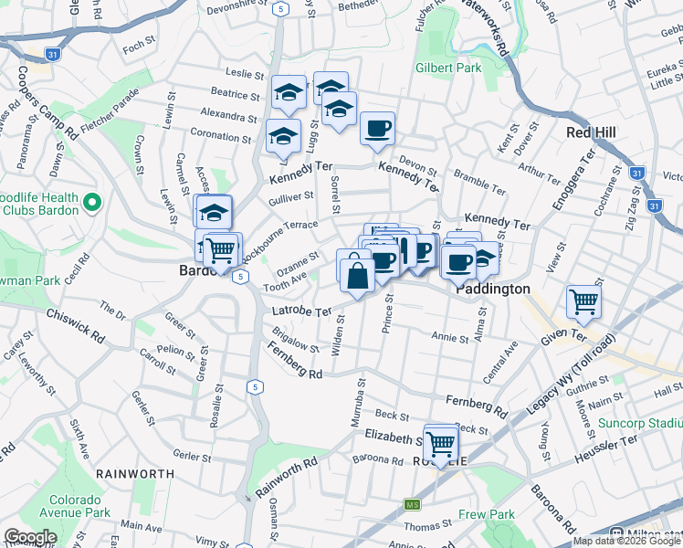 map of restaurants, bars, coffee shops, grocery stores, and more near 7 Norwood Terrace in Paddington
