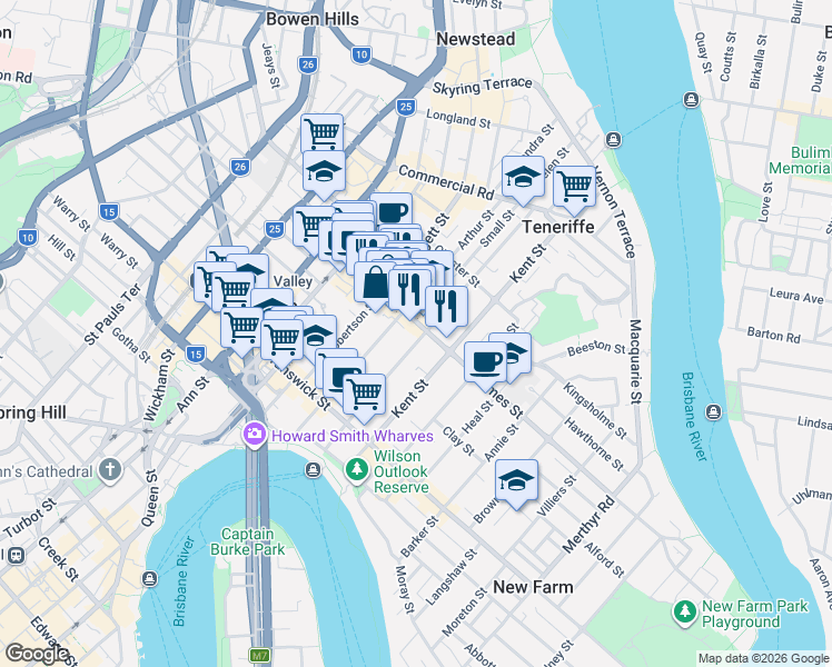 map of restaurants, bars, coffee shops, grocery stores, and more near 222 Harcourt Street in New Farm