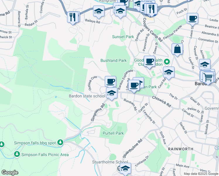 map of restaurants, bars, coffee shops, grocery stores, and more near 24 Outlook Crescent in Bardon