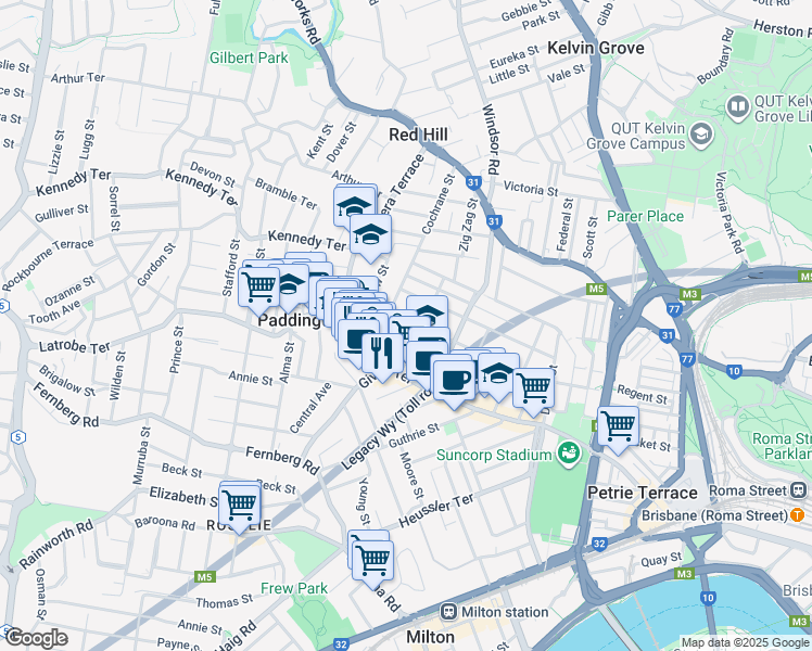 map of restaurants, bars, coffee shops, grocery stores, and more near 90 Charlotte Street in Paddington