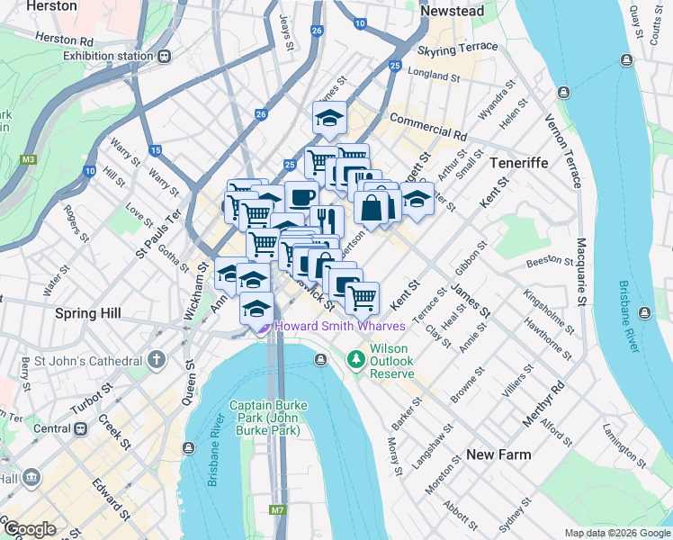 map of restaurants, bars, coffee shops, grocery stores, and more near 59 Robertson Street in Fortitude Valley