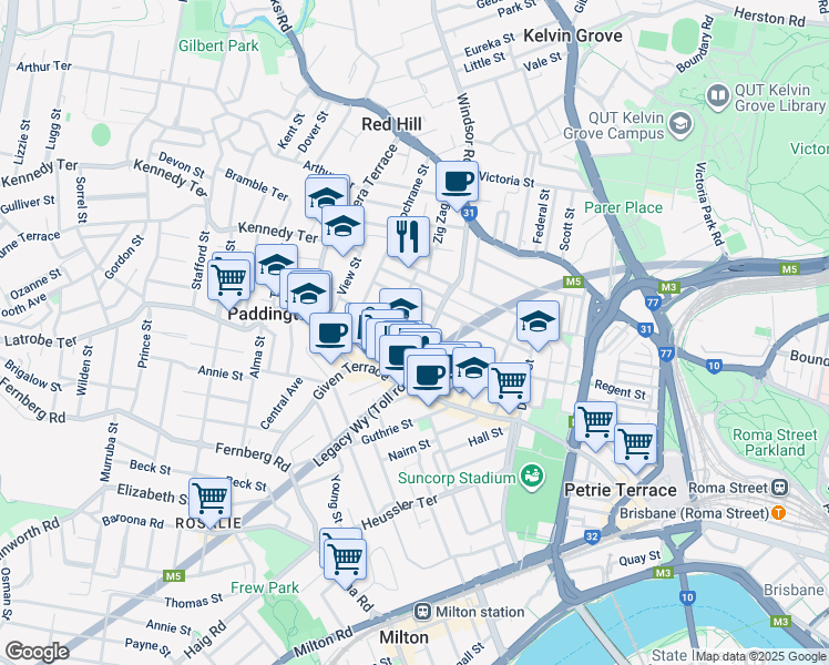 map of restaurants, bars, coffee shops, grocery stores, and more near 82 Charlotte Street in Paddington