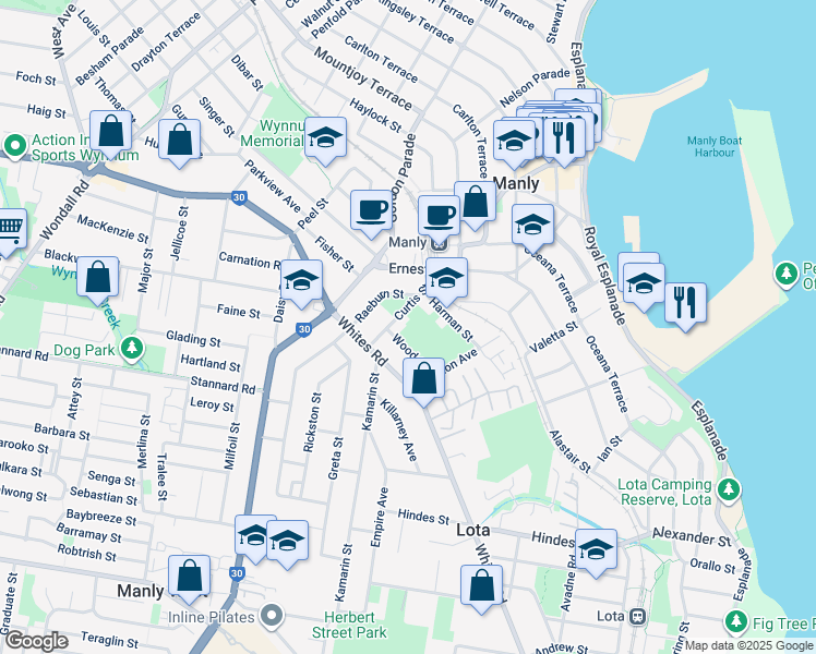 map of restaurants, bars, coffee shops, grocery stores, and more near 38 Curtis Street in Manly
