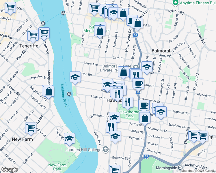 map of restaurants, bars, coffee shops, grocery stores, and more near 34 Elliott Street in Hawthorne