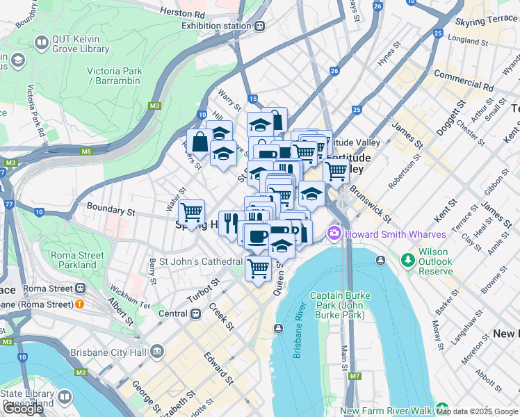map of restaurants, bars, coffee shops, grocery stores, and more near 97 School Street in Spring Hill