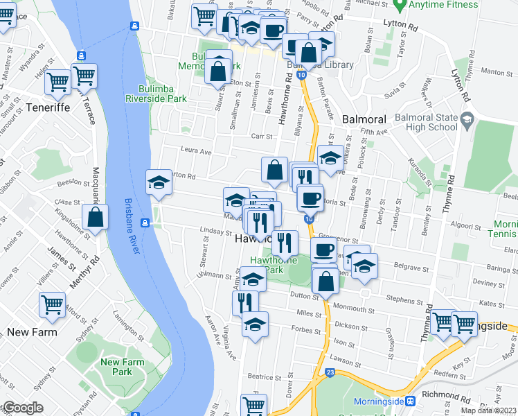map of restaurants, bars, coffee shops, grocery stores, and more near 6 Elliott Street in Hawthorne
