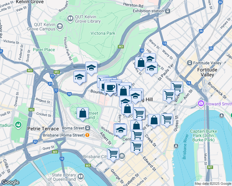 map of restaurants, bars, coffee shops, grocery stores, and more near 477 Boundary Street in Spring Hill