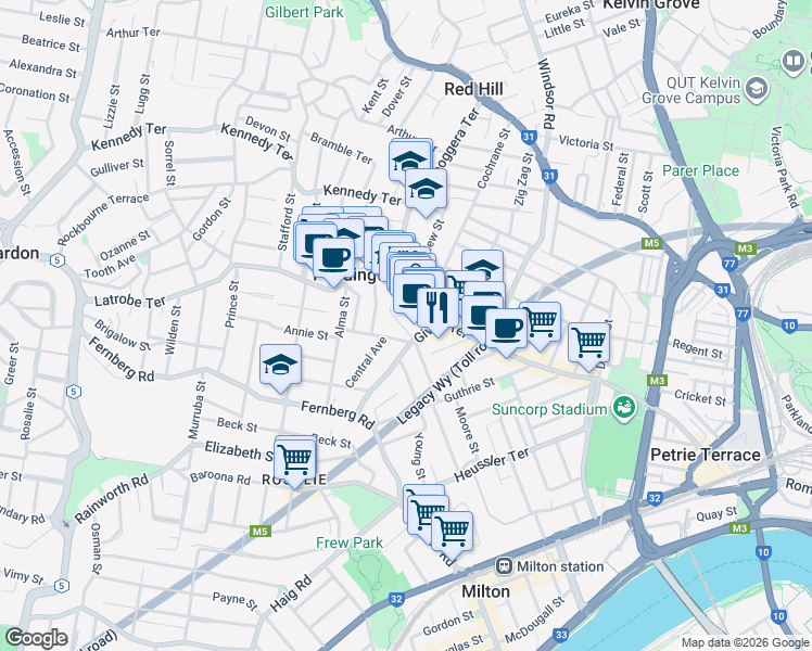 map of restaurants, bars, coffee shops, grocery stores, and more near 11 Mort Street in Paddington