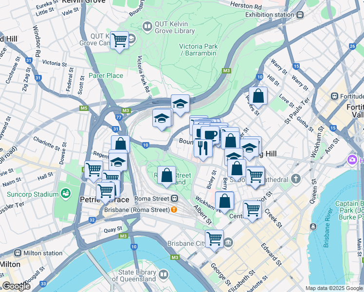 map of restaurants, bars, coffee shops, grocery stores, and more near 574 Boundary Street in Spring Hill