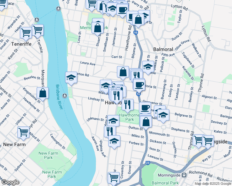 map of restaurants, bars, coffee shops, grocery stores, and more near 7 Malcolm Street in Hawthorne