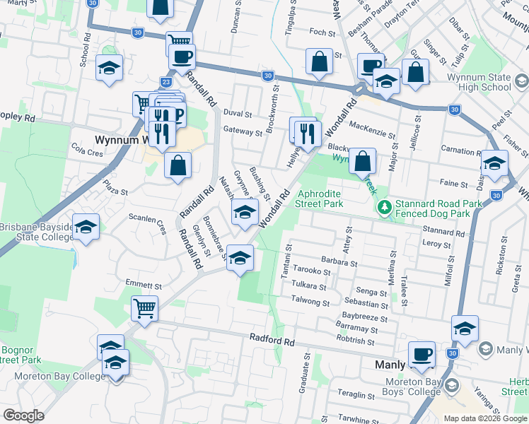 map of restaurants, bars, coffee shops, grocery stores, and more near 165 Wondall Road in Wynnum West