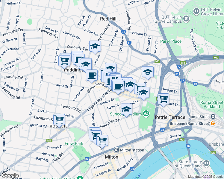 map of restaurants, bars, coffee shops, grocery stores, and more near Given Terrace in Paddington