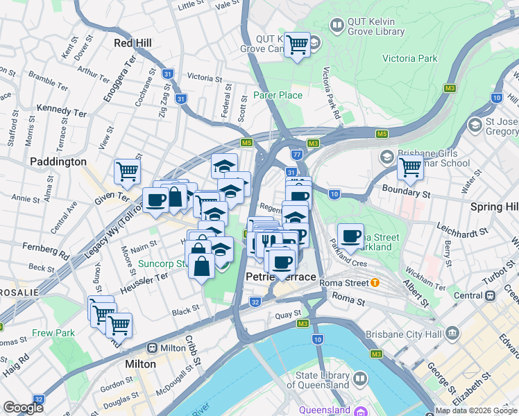 map of restaurants, bars, coffee shops, grocery stores, and more near 38 Regent Street in Petrie Terrace