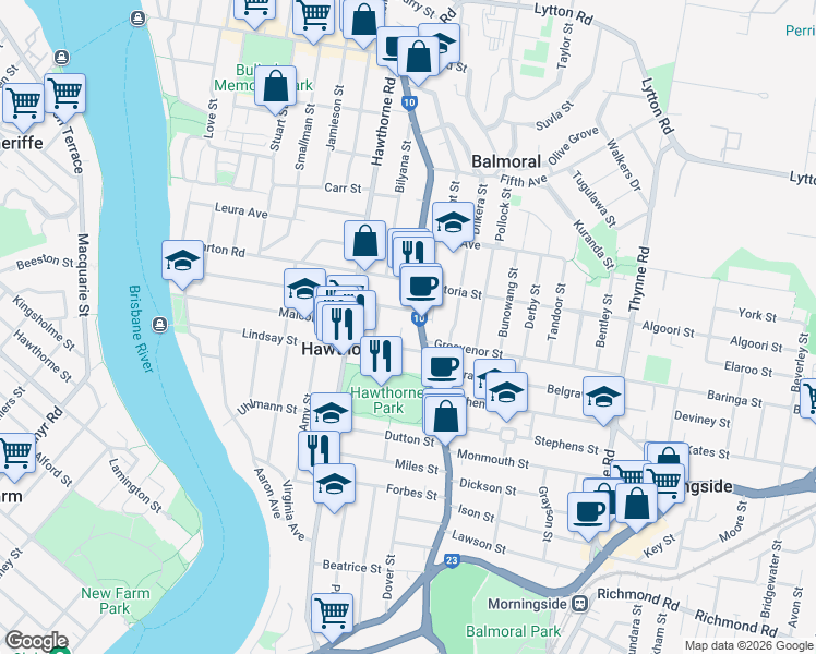 map of restaurants, bars, coffee shops, grocery stores, and more near 33 Oak Street in Balmoral