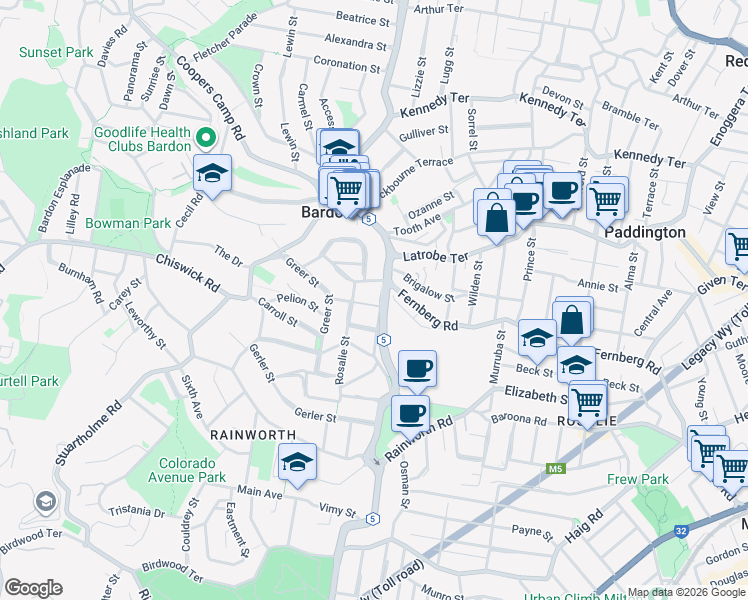 map of restaurants, bars, coffee shops, grocery stores, and more near 5 Shaw Street in Bardon