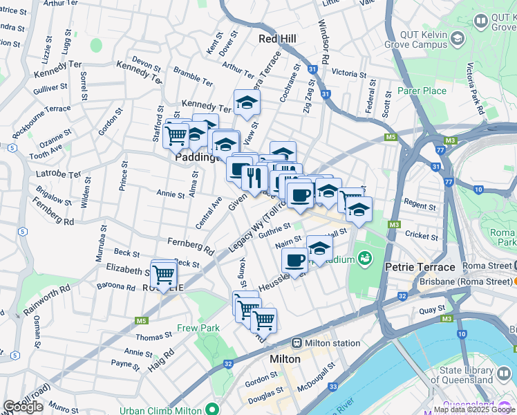map of restaurants, bars, coffee shops, grocery stores, and more near 20 French Street in Paddington