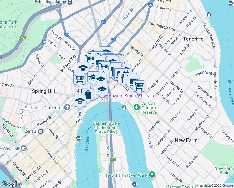 map of restaurants, bars, coffee shops, grocery stores, and more near 100 Bowen Terrace in Fortitude Valley
