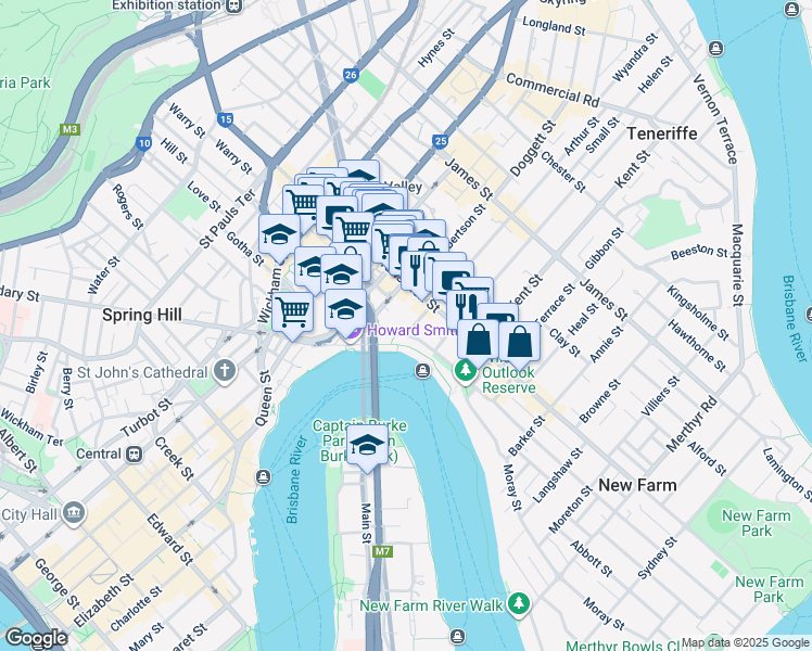 map of restaurants, bars, coffee shops, grocery stores, and more near 100 Bowen Terrace in Fortitude Valley